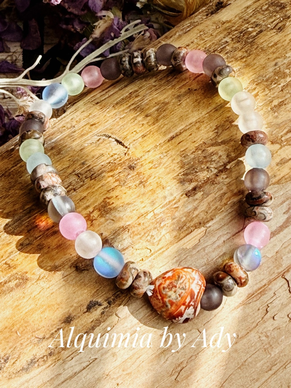 Pastel Multi-Bead Bracelet with Orange ocean Jasper Focal heart Stone